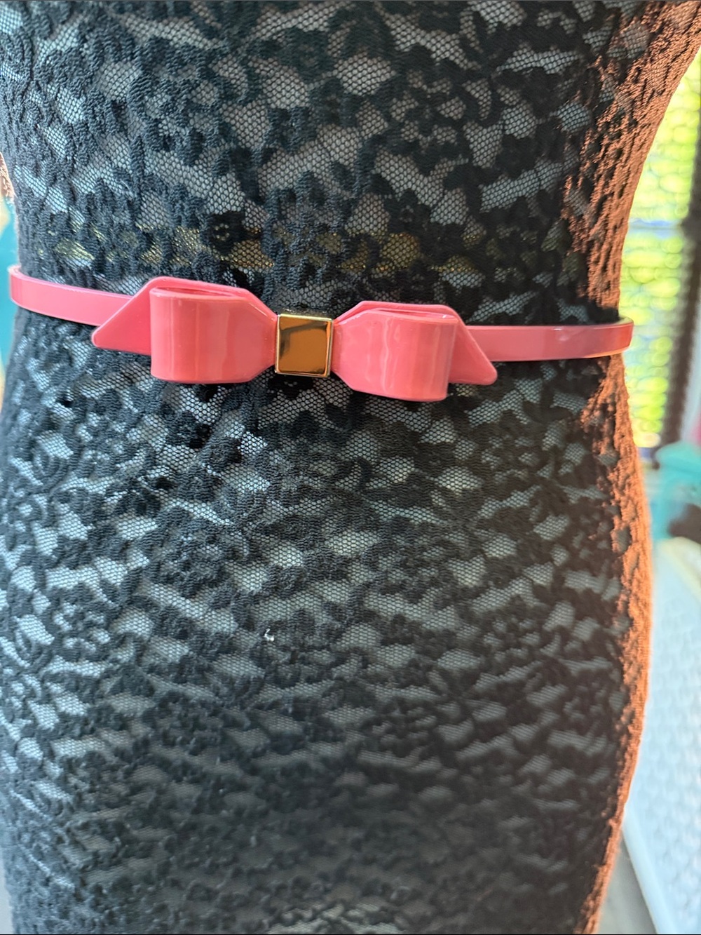 White House Black Market Pink Bow Skinny Belt with Gold Accent